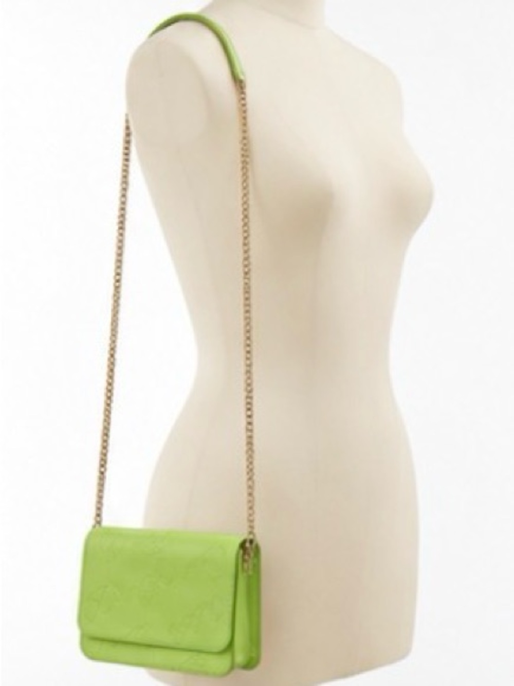 New Green Embossed Leather Crossbody Bag with Gold Chain